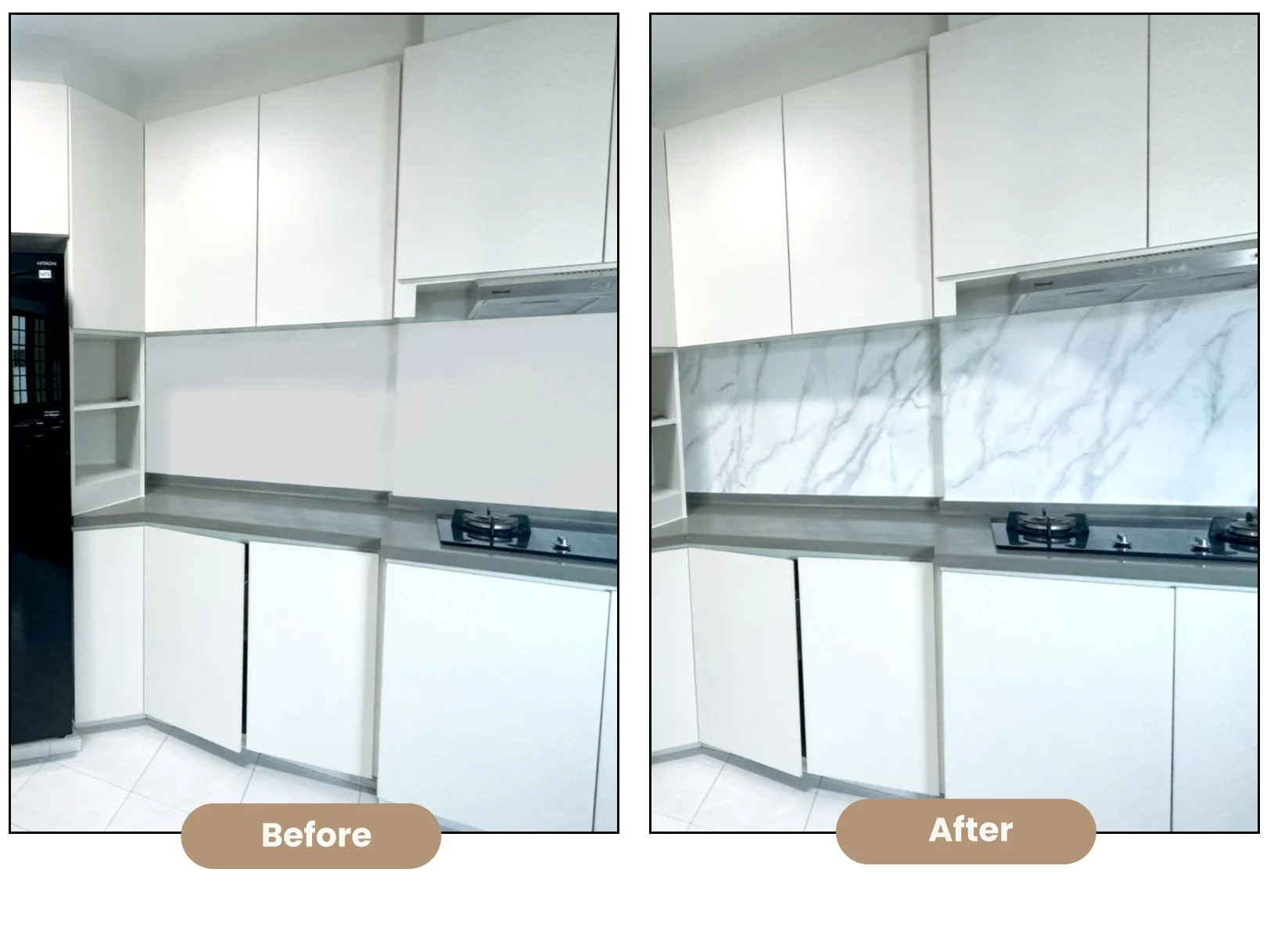 Kitchen Before and after marble-look film